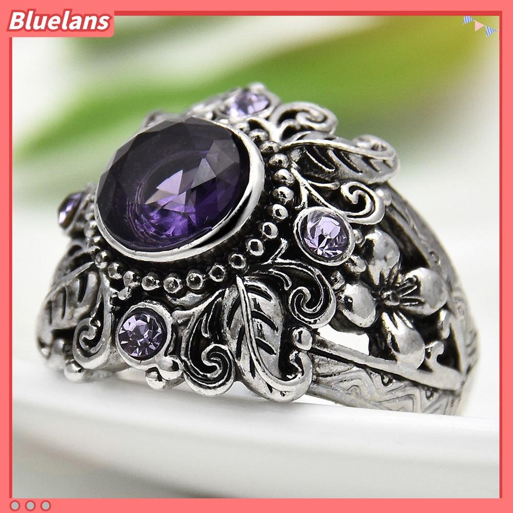 {In Stock} Vintage Bulat Faux Amethyst Hias Ukir Bunga Wanita Jari Cincin Perhiasan Hadiah