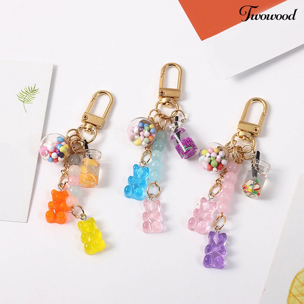 Twowood Kunci Cincin Manik-Manik Berwarna Cerah Tekstur Halus Warna Permen INS Kartun Gummy Bear Tas Liontin Perhiasan Hadiah