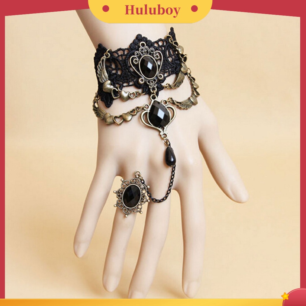 Kalung Gelang Cincin Bahan Lace Warna Hitam Gaya Gothic Punk Untuk Wanita