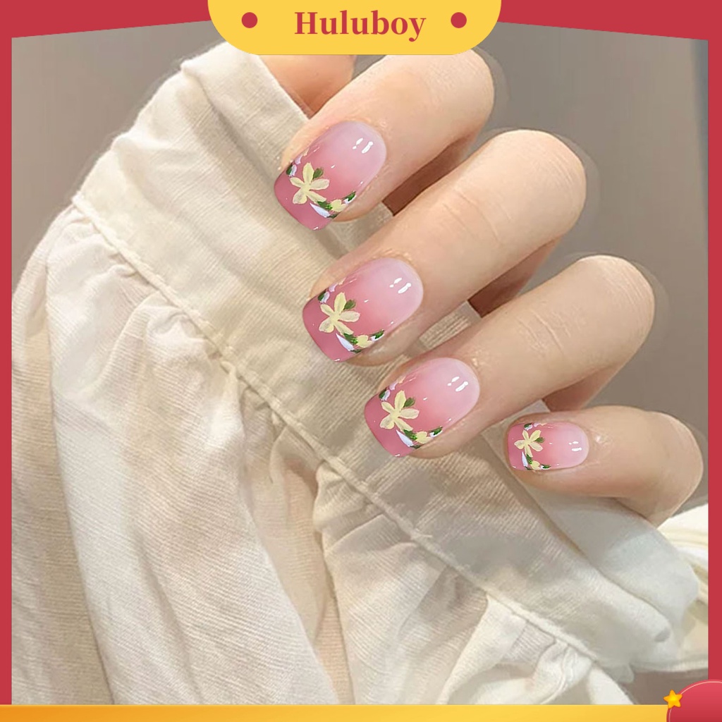 {In Stock} 24Pcs/Set Dilepas Mid-Length Full Cover Kuku Palsu Dengan Lem Gradien Pola Bunga Pink Nail Art Patch Aksesoris Kuku