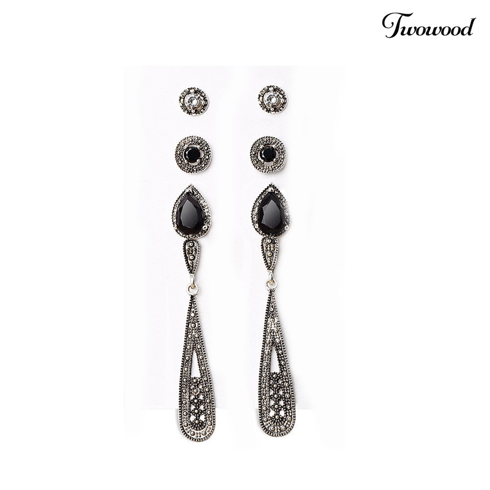 Twowood 4pasang Bohemian Wanita Cubic Zirconia Bulat Drop Ear Studs Linear Earrings Set