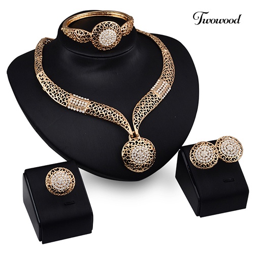 Twowood Wanita Perjamuan Pesta Pernikahan Berongga Berlian Imitasi Kalung Gelang Cincin Anting Set