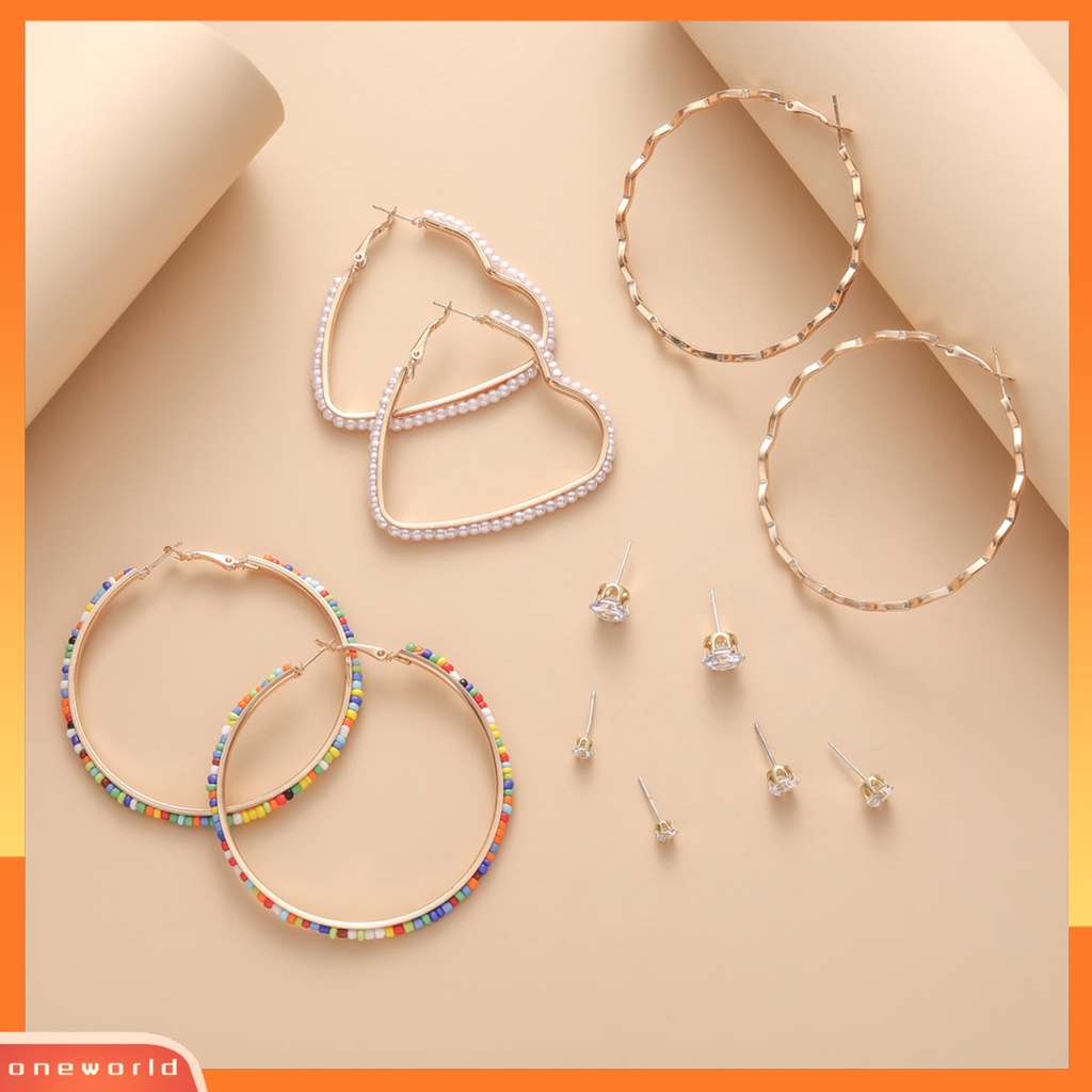 [OWR] 6pasang Hoop Earrings Set Mini Beads Rhinestones Inlay Geometris Alloy Perhiasan Elegan Dress-Up Aksesoris Lingkaran Anting Telinga Studs Pesta Malam Memakai Perhiasan Hadiah