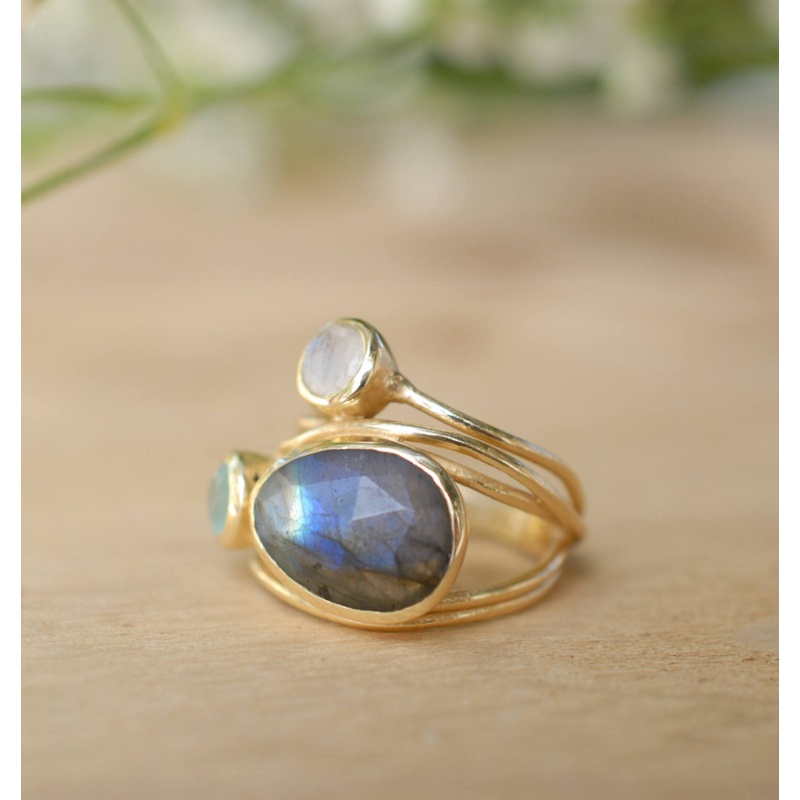 Goldkingdom Fashion Perhiasan Aksesoris Ready Stock Berlapis Emas Tujuh Warna Moonlight Batu Cincin Perempuan Kreatif Multi Layer Shell Ring