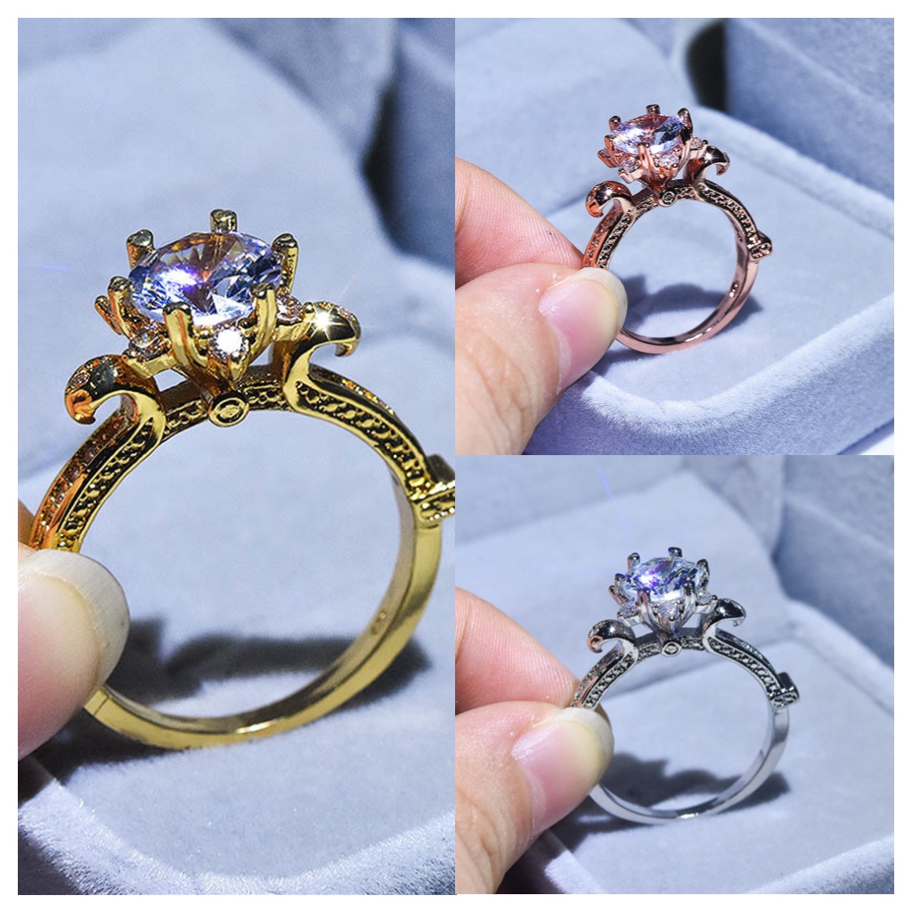 Goldkingdom Aksesoris Perhiasan Fashion Ready Stock Mosan Berlian 2-karat Mahkota Cincin Klasik Eropa Dan Amerika Enam-Khitung Bentuk Bunga Satu.