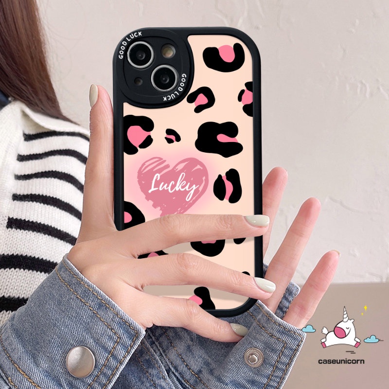 IPHONE Ins Fashion Couple Back Case Kompatibel Untuk Iphone11 13 14 12 Pro Max7 8 Plus XR X XS Max 6 6s Plus SE 2020 Shockproof Lucky Love Heart Leopard Print Soft Tpu Phone Cover