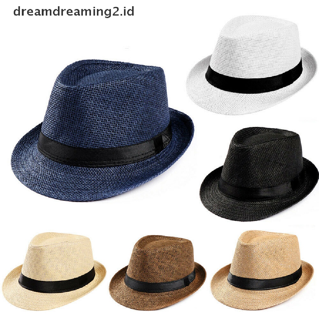 (hot) Topi Unisex Pria Wanita Fedora Trilby Pinggiran Lebar Straw Cap Pantai Matahari Gentleman Adlut//