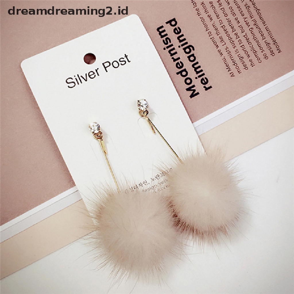 (hot) Bola Bulu Lembut Pompom Anting Panjang Drop Menjuntai Anting Wanita Ear Studs Jewelry//