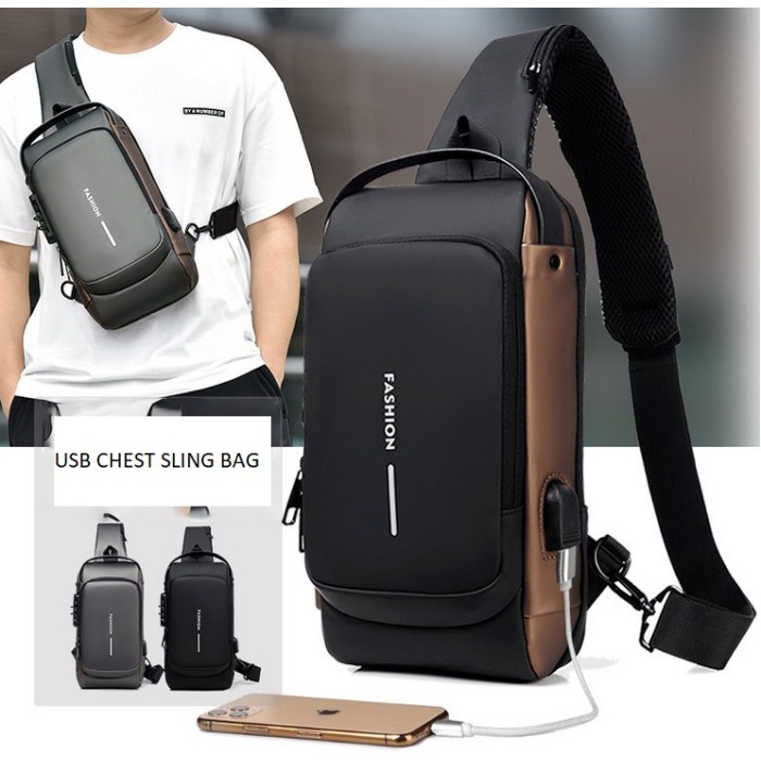 CIVETO TS207 Tas Selempang Pria USB Fashion Waterproof  Men Chest Sling Bag