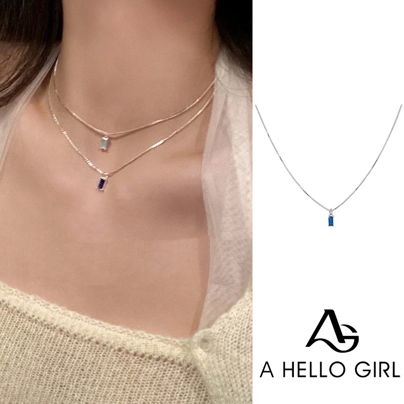 Ahellogirl Kalung Tumpuk Berlian Persegi Biru Gaya Korea Warna Sederhana Zirkon Rantai Klavikula