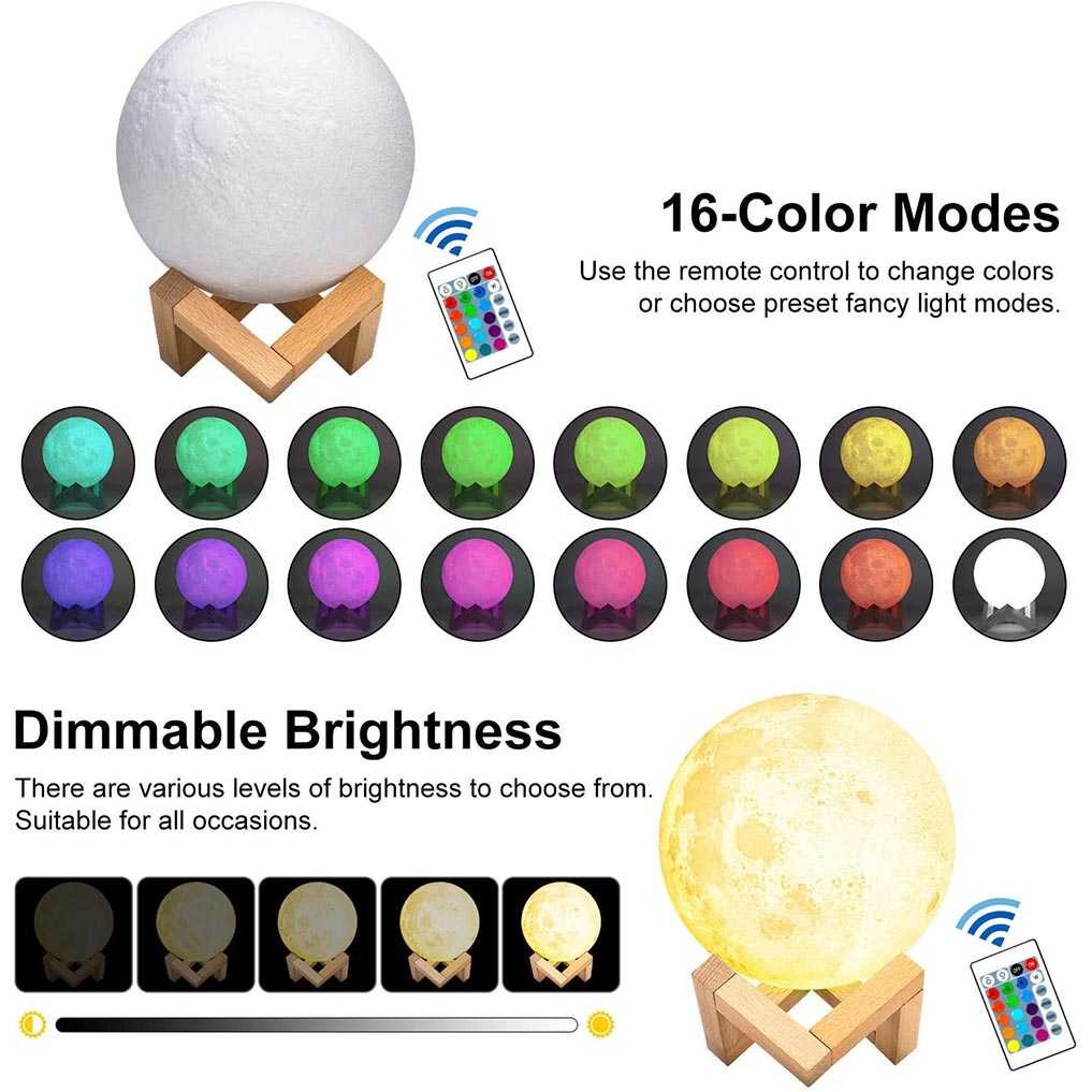 OUIO Lampu Tidur Bulan 3D Printed Moon Night Light Lamp 16 Color 1W - OU16