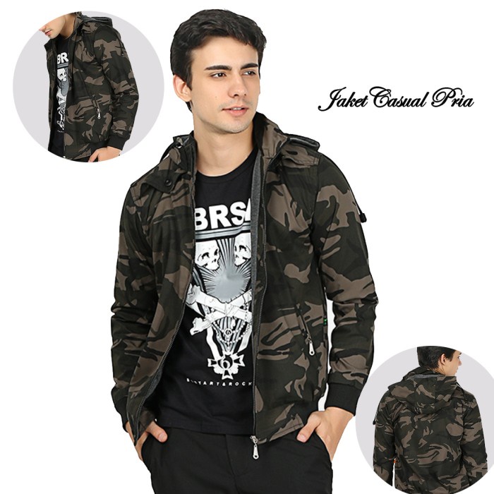 Jaket Loreng Pria Jacket Hoodie Army Premium 313 - L