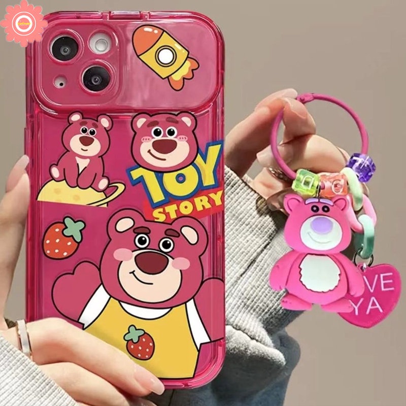 IPHONE Kartun Toy Story Flip Make Up Mirror Case Kompatibel Untuk Iphone11 12 13 14 Pro MAX XR 7 8 14 Plus X XS MAX SE Strawberry Bear Buzz Lightyear Alien Shockproof Case Dengan Gelang