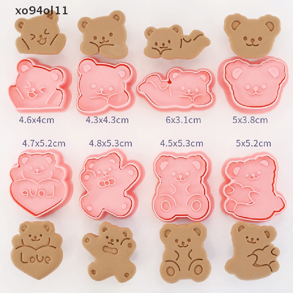 Xo 8PCS Pemotong Kue Kering Bentuk Beruang Plastik 3D Cookie Stamp Biskuit Pressable Mold OL