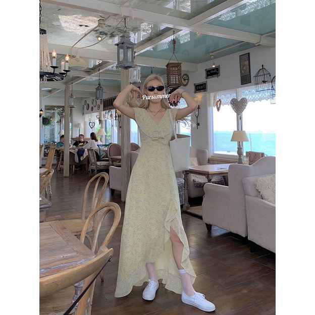 Red Perancis girly bunga gaun wanita musim panas pinggang baru pelangsing mengacak-acak rok putri duyung retro celah rok panjang