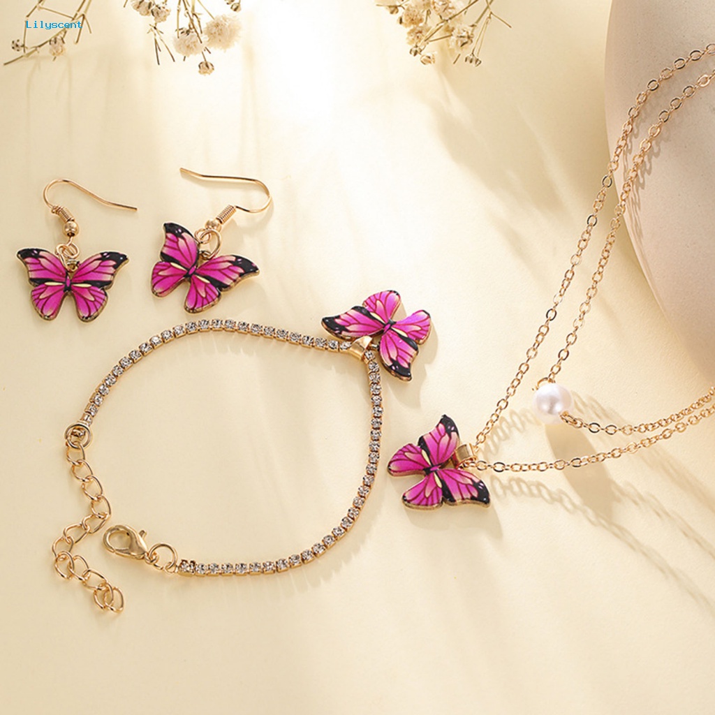 Lilyscent 3 Pcs/Set Mudah Cocok Kupu-Kupu Set Perhiasan Wanita Aksesori Kalung Menjuntai Anting Gelang Set High Gloss