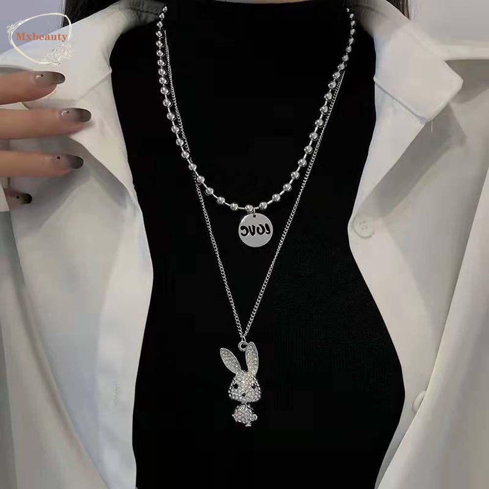 Mxbeauty Wanita Kalung Pria Lucu Double Layer Kartun Kelinci Perhiasan Fashion Rabbit Liontin Berlian Imitasi Rantai Logam Baja Titanium Choker