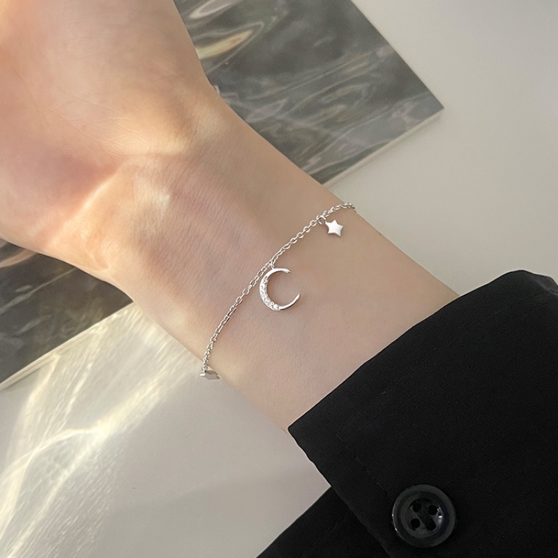 Kami Bunga Ins Trendi s925 Perak Zirkon Bintang Bulan Gelang Untuk Wanita Perempuan Korea Elegan Rumbai Langit Berbintang Gelang Musim Panas Pergelangan Tangan Rantai Perhiasan