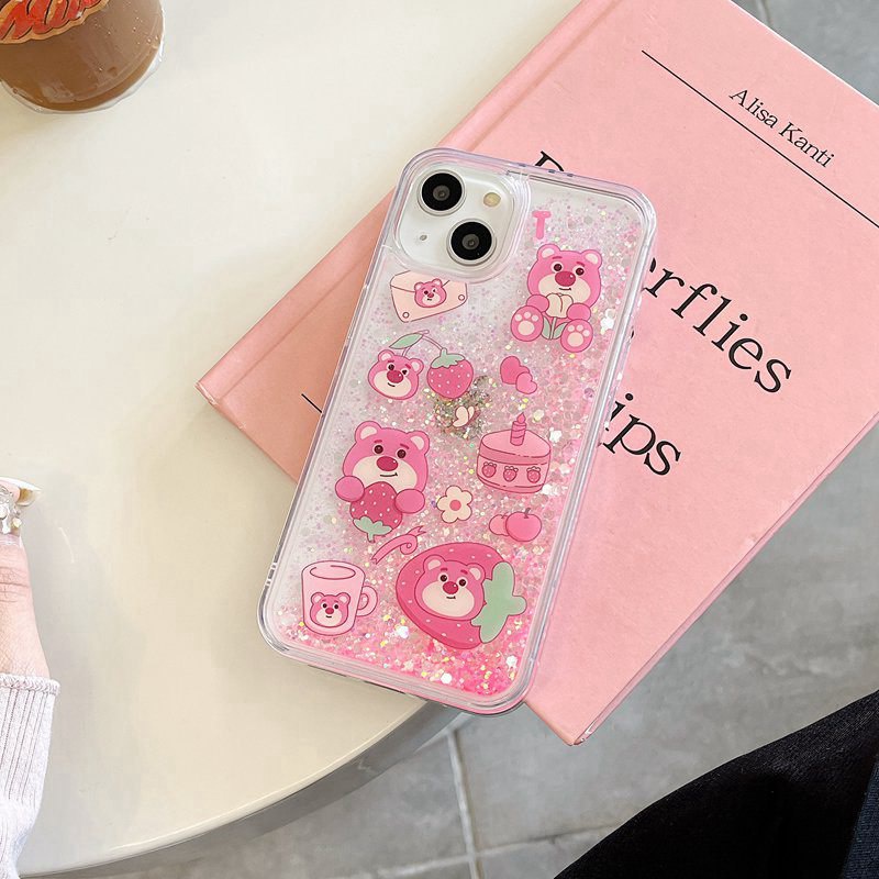 Nice Quicksand Pink Strawberry Bear Girl Woman Soft TPU Case HP iP iPhone 12 13 14 Pro Max 11 FTD Casing Apple