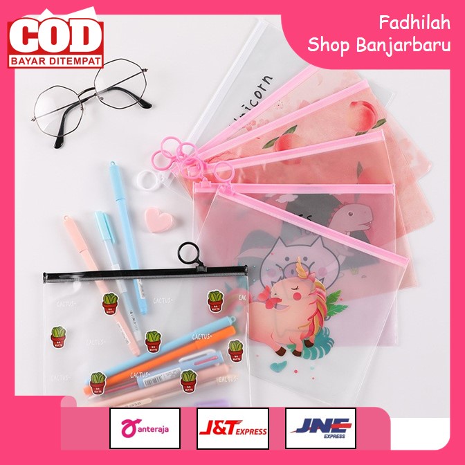 TEMPAT PENSIL ALAT TULIS KANTOR SEKOLAH / TEMPAT KOSMETIK / MAKEUP / MAKE UP TRANSPARAN MAP FILE UNICORN / ZIPPER BAG | FADHILAH SHOP BANJARBARU