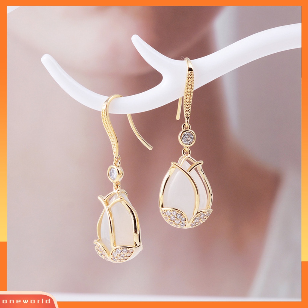 [EONE] 1pasang Liontin Anting Tulip Liontin Bersinar Berlian Imitasi Inlay Geometris High-end Dress Up Hypoallergenic Mewah Wanita Cubic Zirconia Bunga Telinga Kait Perlengkapan Kostum