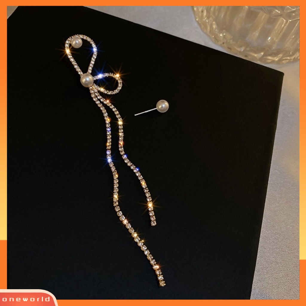 [EONE] 1pasang Anting Rumbai Asimetri Busur Mutiara Imitasi Berlian Imitasi Bersinar Dekorasi Tahan Luntur Panjang Rumbai Menjuntai Anting Gantung Aksesoris Perhiasan