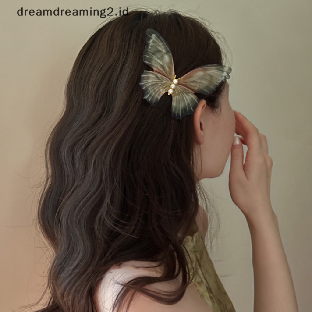 (dream) Vintage Romantis Peri Benang Lapisan Ganda Mutiara Kupu-Kupu Jepit Rambut Manis Klip Rambut Aksesoris Kepala Baru Untuk Wanita//