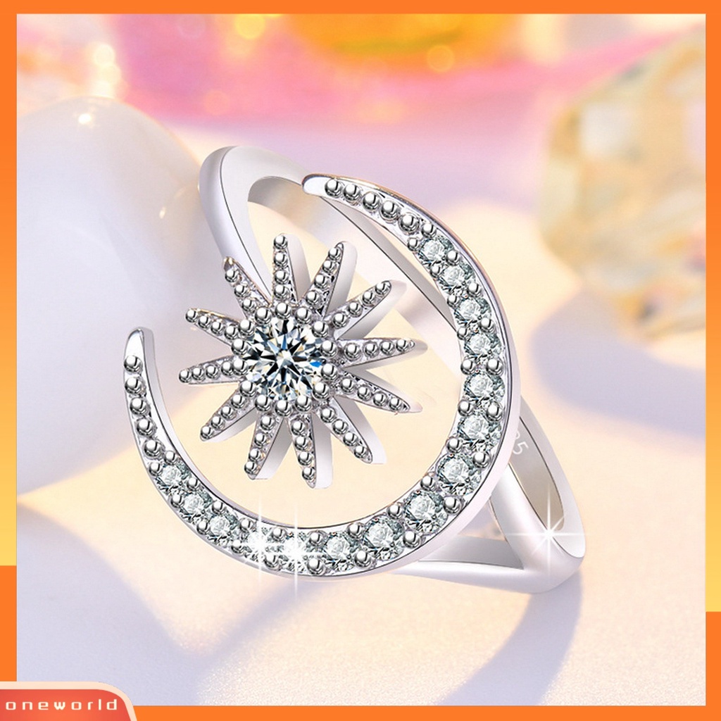 [EONE] Wanita Cincin Pembukaan Geometris Dainty Elegan Temperamen Hadiah Berlian Imitasi Tertanam Bintang Bulan Jari Cincin Aksesoris Perhiasan