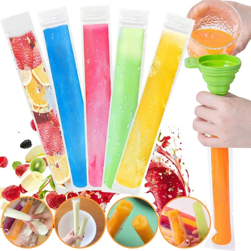 10/20 Pcs Dengan Corong Sekali Pakai Popsicle Mold Bag DIY Self-sealing Ice Bag Buah Yogurt Es Loli Membuat Buatan Hancur Es Stik Cetakan Musim Panas Rumah Alat Dapur Es Cetakan Tas