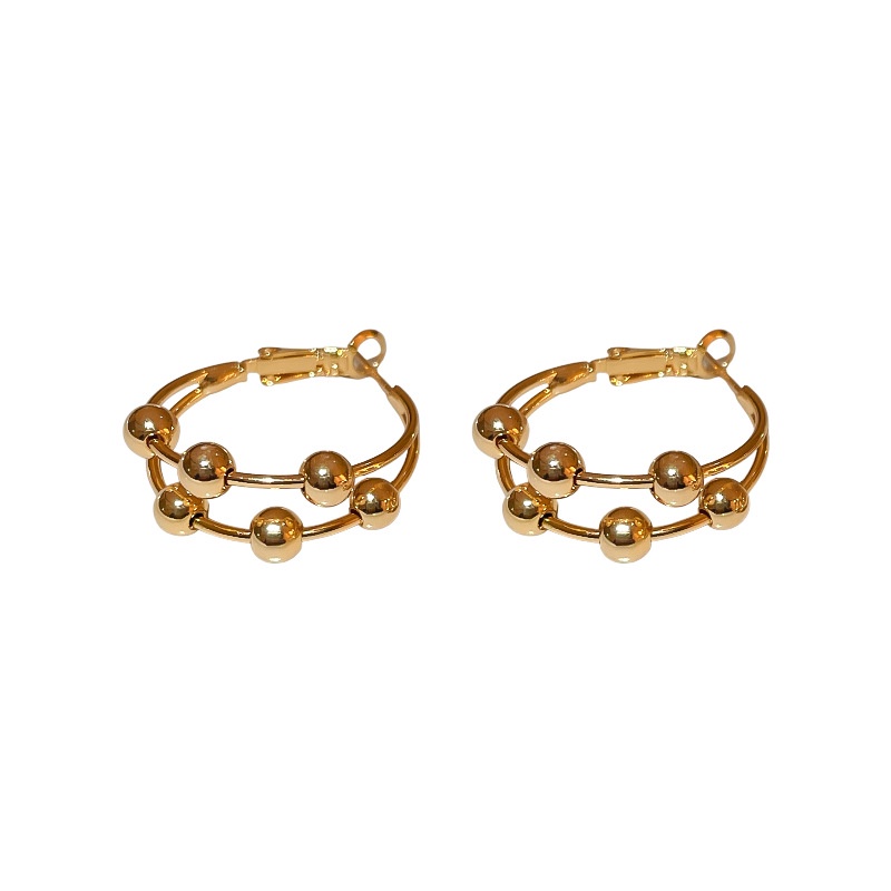 S925 Perak Disepuh Menjuntai Manik Bulat Double Layer Earrings Hoop Ear Studs Untuk Gadis Manis Keren