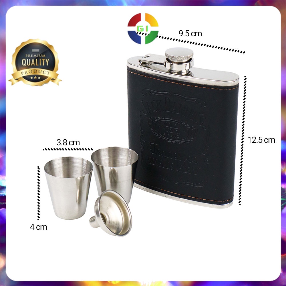 Botol Bir Hip Flask Stainless Leather 7Oz with Shot Glass Black