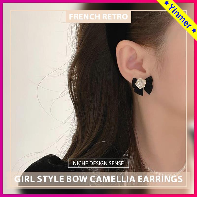 COD✨ Anting bunga Camelia Korea anting busur Vintage Prancis anting premium desain untuk wanita-Yinmer