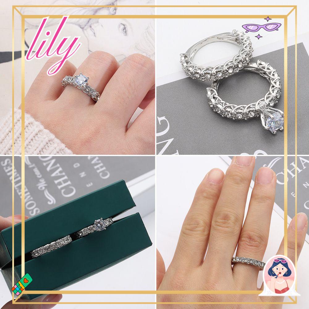 Lily 2PCS Cincin Pasangan Perlengkapan Pesta Klasik Berlian Imitasi Perhiasan Aksesoris