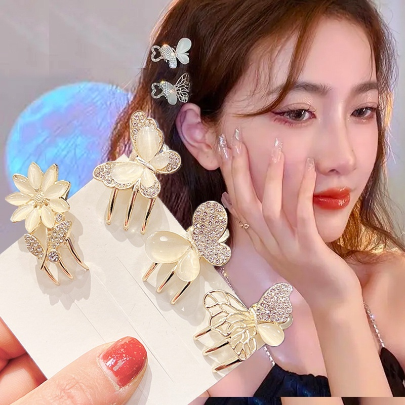 Wanita Korea Fashion Opal Berlian Imitasi Kupu-Kupu Bunga Rambut Klip Gadis Vintage Elegan Mini Sisi Poni Jepit Rambut Wanita All-Matching Hair Claw Populer Aksesoris Rambut