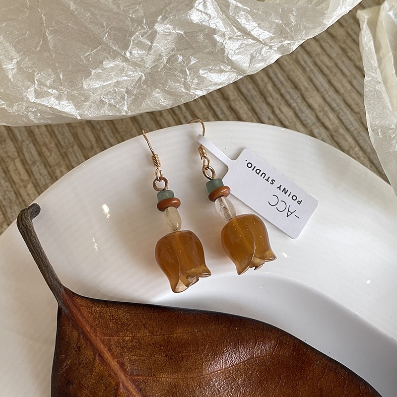 Bunga Amber Retro Gaya Baru Trendy Gaya Mori Anting Antik Panjang Elegan