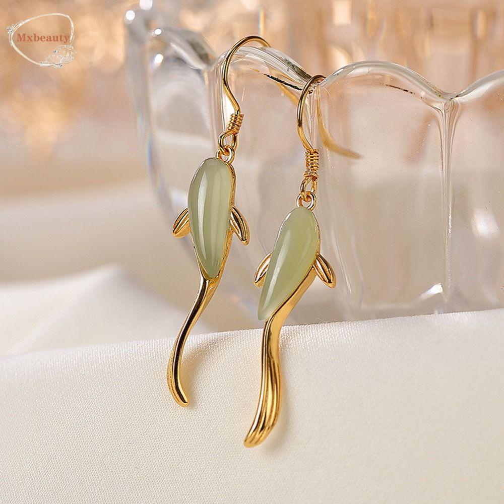 Mxbeauty Wanita Anting Menjuntai Kepribadian Geometris Gaya Niche Imitasi Giok Cahaya Gaya Mewah Bentuk Ikan Tembaga Fashion Hoop Earrings