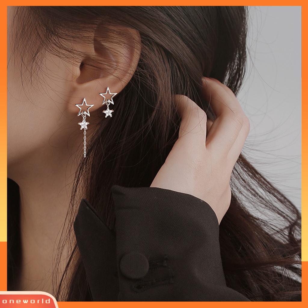 [EONE] 1pasang Ear Studs Hollow Bintang Rantai Rumbai Tidak Teratur Warna Emas/Perak Cubic Zirconia Tertanam Bintang Drop Anting-Anting Perhiasan Fashion