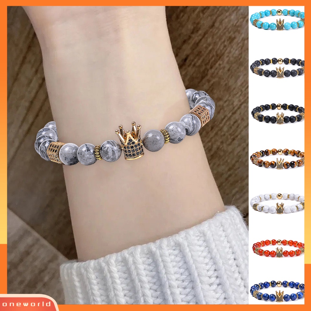 [EONE] Pria Gelang Manik-Manik Mahkota Liontin Batu Alam Hexagon Pesona Hias Warna Kontras Unisex Adjustable Wanita Gelang Hadiah