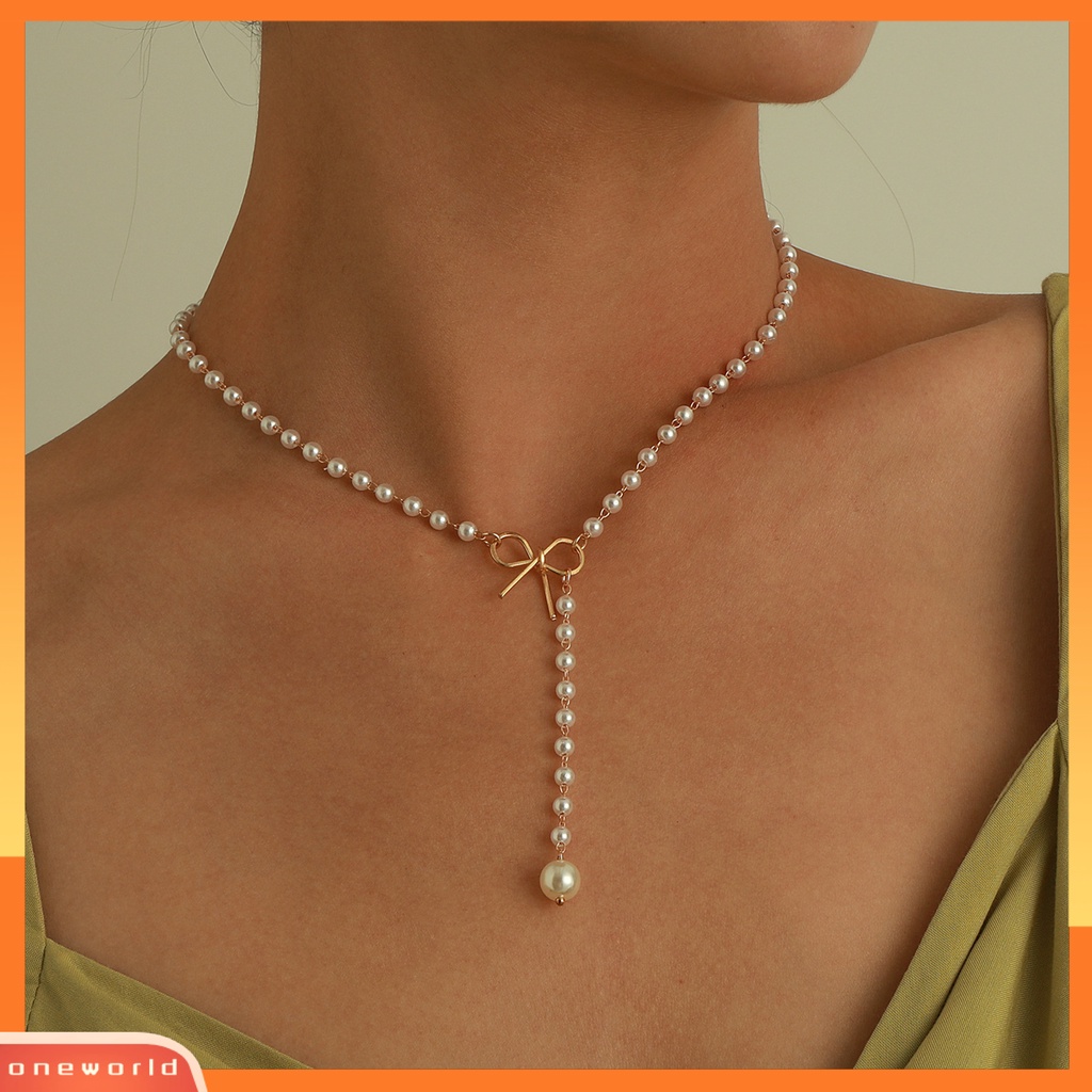 [EONE] Mutiara Imitasi Kalung Lucu Alloy Busur Panjang Rumbai Manik-Manik Liontin Temperamen Dress-Up Warna Emas/Perak Wanita Gaun Sweater Kalung Aksesoris Perhiasan Hadiah