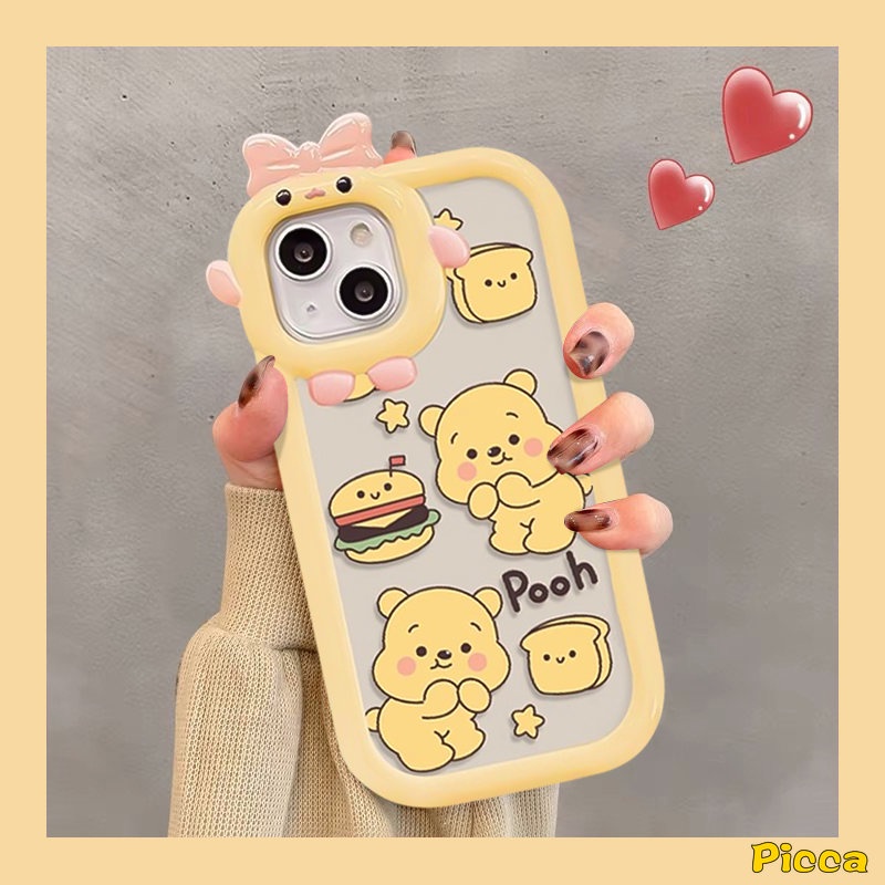 Case Lensa Monster Kecil Ikatan Simpul 3D Kompatibel Untuk iPhone 7Plus XR 11 13 14 12 Pro Max 8 7 6s 6 Plus XS Max X SE 2020 Lucu Winnie the Pooh Teh Susu Kartun Beruang Lembut Tpu Cover