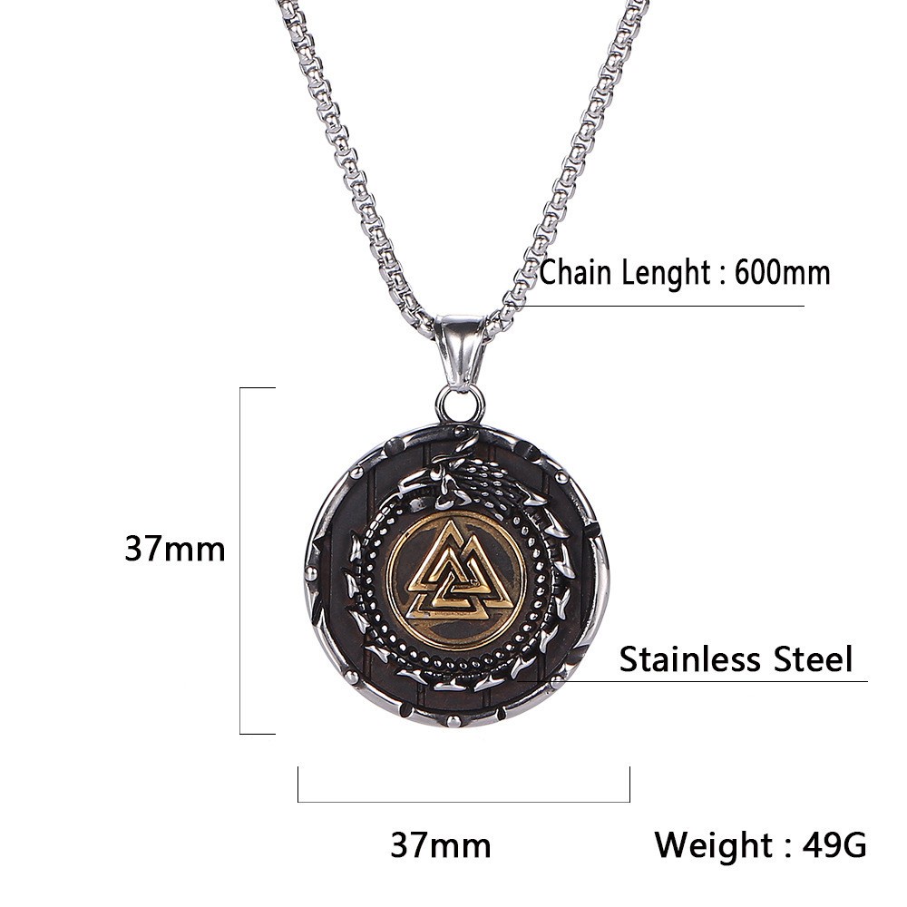 [X C Kalung] Viking Naga Odin Segitiga Rune Baja Titanium Liontin Emas Fashion Eropa Dan Amerika Pria Pribadi Anti Karat Liontin Kalung