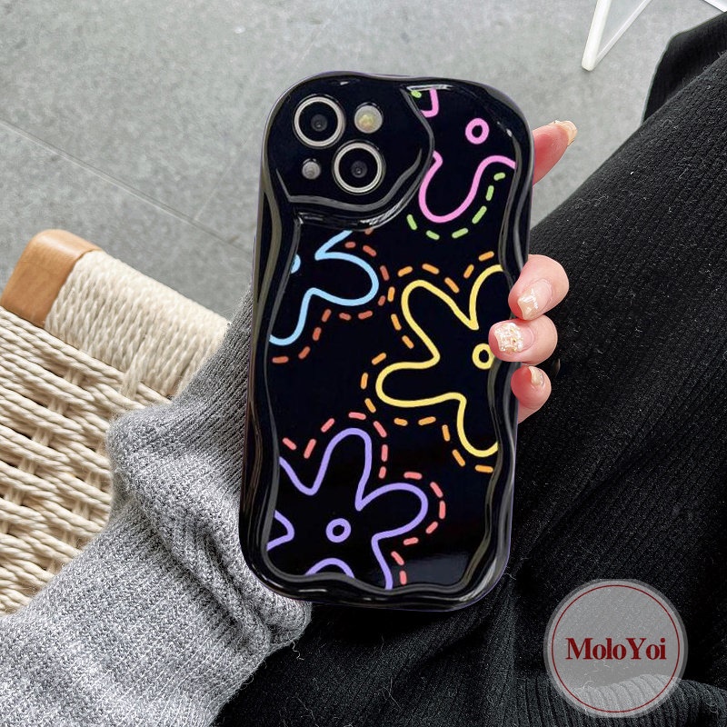 IPHONE Shockproof Glossy Fashion Garis Sederhana Bunga Telepon Case Kompatibel Untuk Iphone14 12 13 Pro Max 11 Pro Max XR X7 8 6s 6 Plus XS Max SE 2020 3D Wavy Curved Edge Soft Flowers Cover