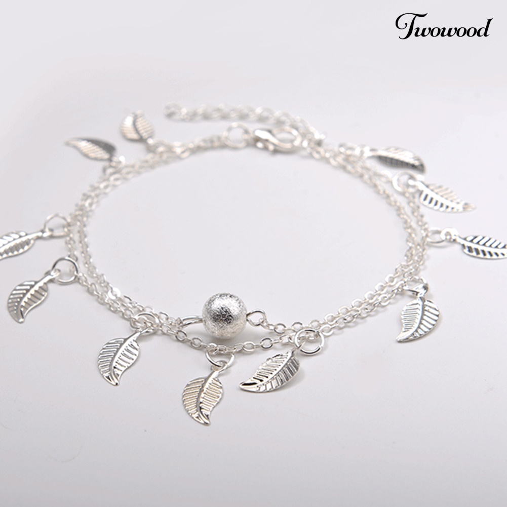 Twowood Double Layer Leaves Charm Anklet Kaki Rantai Musim Panas Wanita Sandal Ankle Bracelet