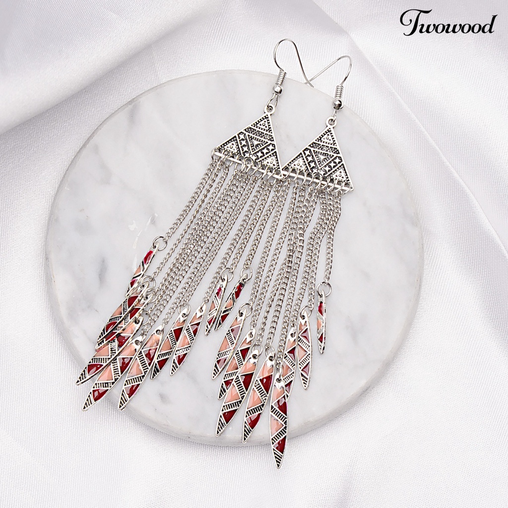 Twowood 1pasang Anting Lady Hook Rumbai Segitiga Panjang Vintage Drop Hook Earrings Untuk Pakaian Sehari-Hari