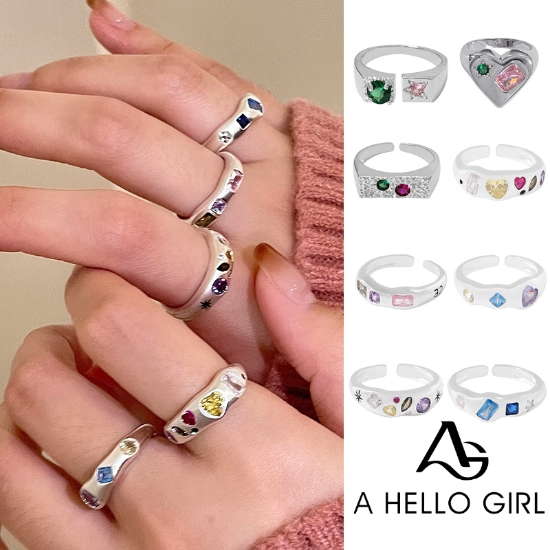 S925 Perak Cincin Terbuka Warna Zirkon Hati Bintang Jari Telunjuk Rings Perempuan