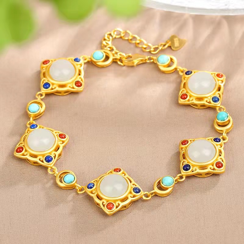 Goldkingdom Fashion Perhiasan Aksesoris Ready Stock Kalsedon Alami Gelang Perempuan Gaya Kuno Hetian Giok Gelang Hanfu Aksesoris