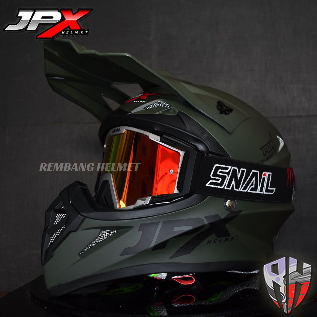 HELM JPX CROSS FOX1 SOLID GREEN ARMY DOFF PAKET GANTENG GOOGLE SNAIL, HELM TRABAS, JPX HELMET SHOP