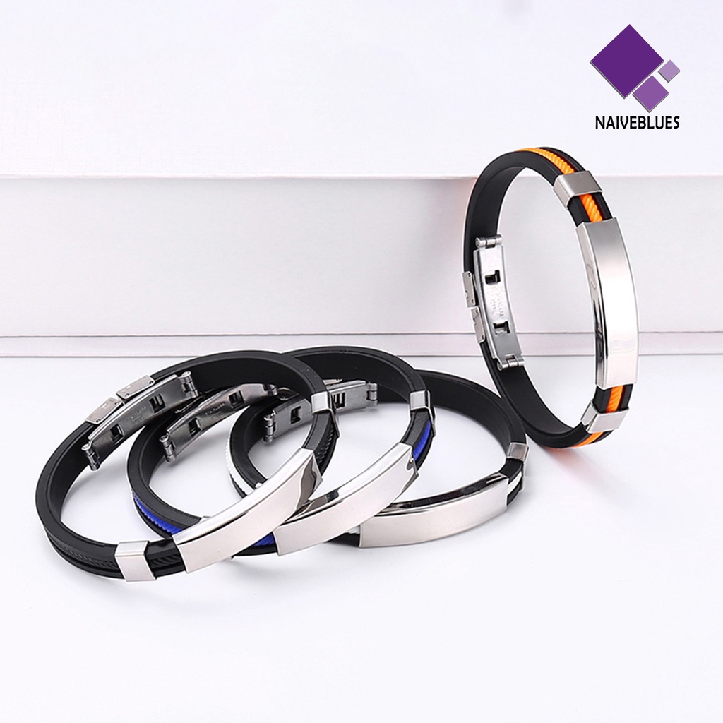 &lt; Naiveblues &gt; Gelang Pria Silikon Elastis Adjustable Gesper Minimalis Poles Hias Bebas Alergi Trendy Stainless