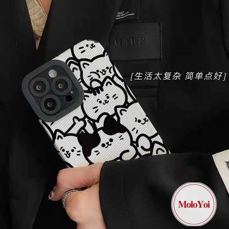 IPHONE Casing Ponsel Hitam Putih Tekstur Kulit Mewah Kompatibel Untuk Iphone11 Pro Max XR XS X Max 7Plus 11 14 13 12 Pro Max8 7 Plus Shockproof Kartun Kucing Lucu Soft Cover