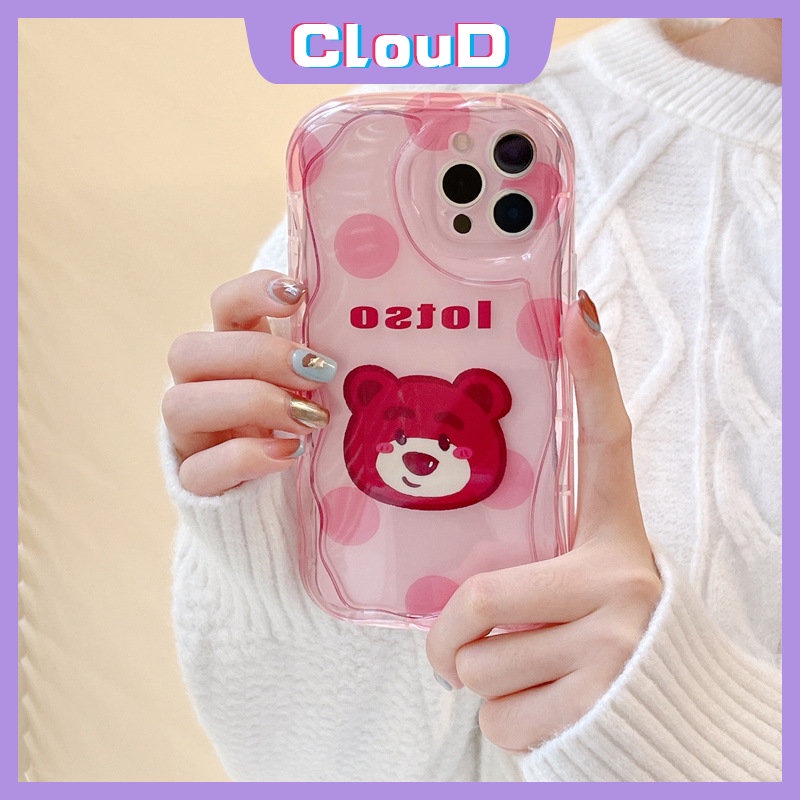 Case Untuk Realme C21Y C15 C33 C12 C21 C25s C17 C20A 9i 5 5s 7i 5i 6i C11 C25 C3 C3 C30 C55 C25Y C20 C31 Stand Holder Titik Gelombang Kartun Strawberry Bear 3D Wavy Curved Edge Case